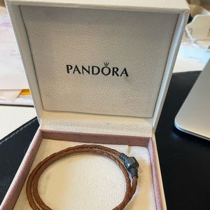 Retired Pandora brown leather double wrap bracelet including white box.